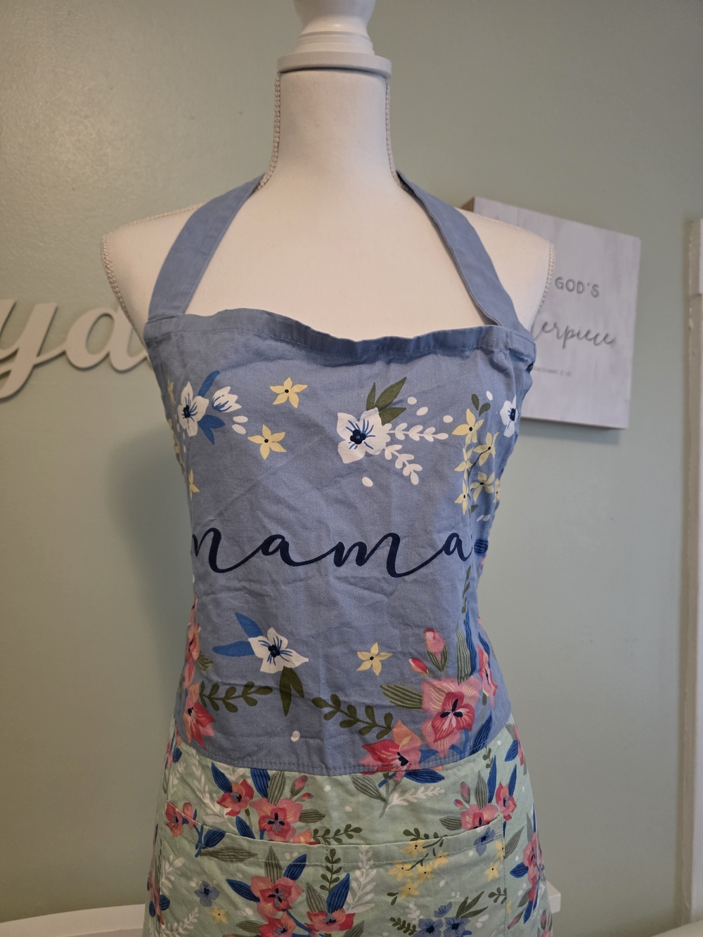 Blue Floral "Mama" Halter Apron